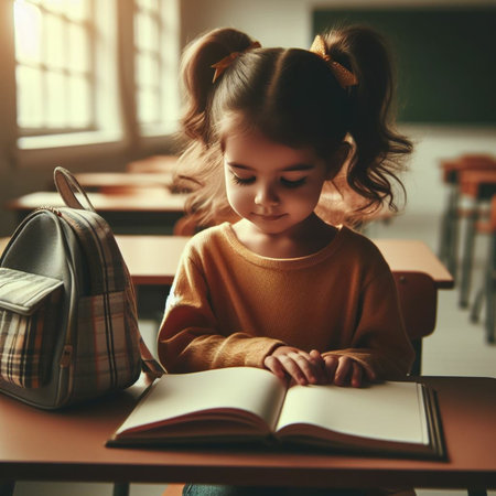 Cute little girl reading a book in the classroom at school.の素材