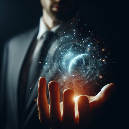 Businessman on dark background touching planet earth hologram 3D renderingの素材