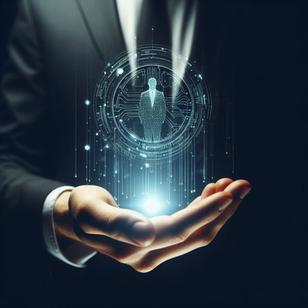 Businessman holding digital human body hologram in palm. Future and technology concept. 3D Renderingの素材