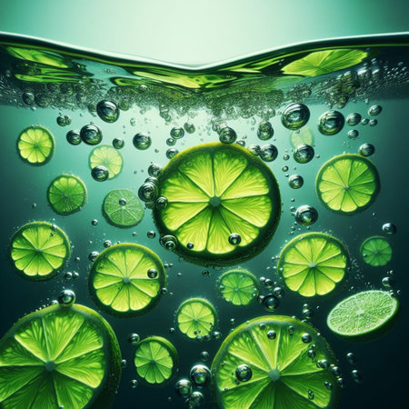 Fresh lime slices in water with bubbles on green background, close upの素材