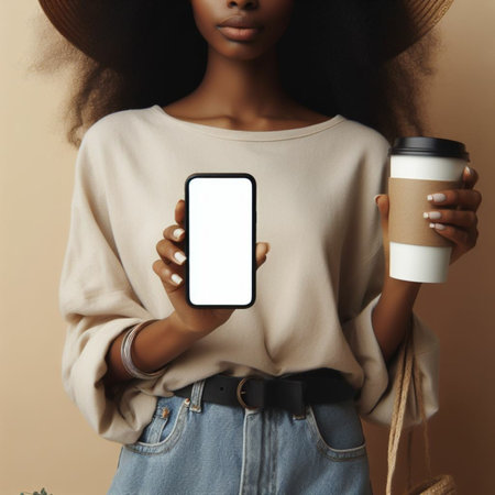 Cropped image of african american woman holding coffee cup and smartphone with blank screenの素材