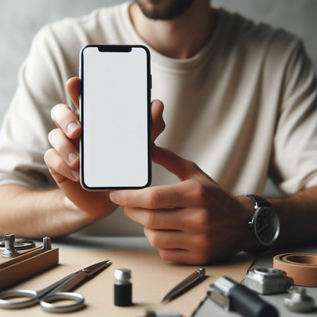 Mockup image of a male hands holding mobile phone with blank screen.の素材