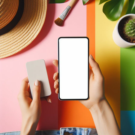 Woman using mobile phone with blank screen on colorful background. Mock upの素材