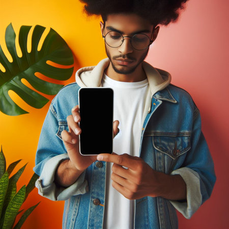 young african american man in eyeglasses using smartphone with blank screen on orange backgroundの素材