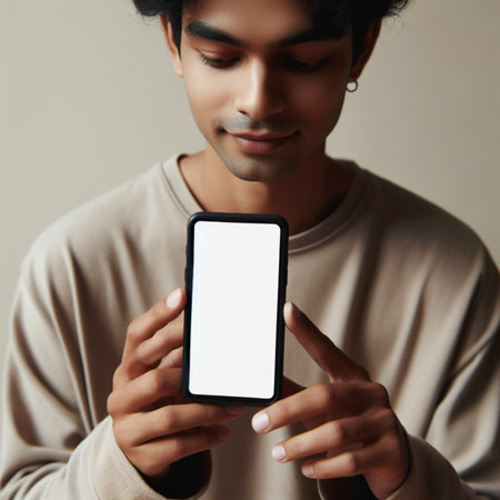 Young indian man using smartphone with blank screen on gray background.の素材