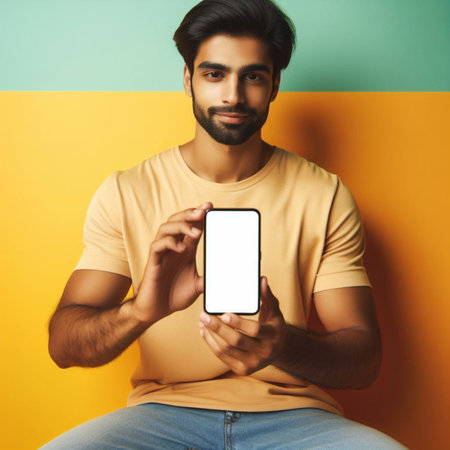young handsome bearded indian man in yellow t-shirt holding mobile phone with blank screen on colorful backgroundの素材