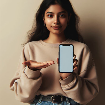 young asian woman showing smartphone with blank screen on beige backgroundの素材