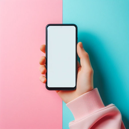 Female hands holding smartphone with blank screen on pink and blue background.の素材