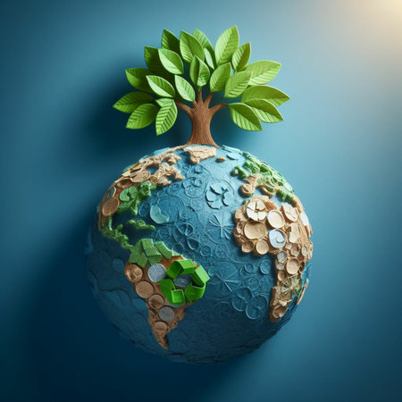 Planet earth with tree and coins on blue background. 3d illustrationの素材