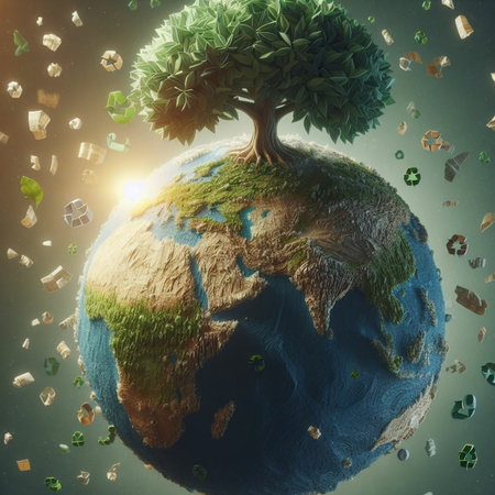 Earth planet with tree and recycle symbols. Ecology and environment concept. 3D Renderingの素材