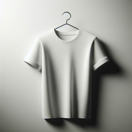 White t-shirt hanging on a hanger on a gray wallの素材