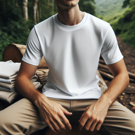 Young man sitting on a log in the forest, wearing white t-shirtの素材