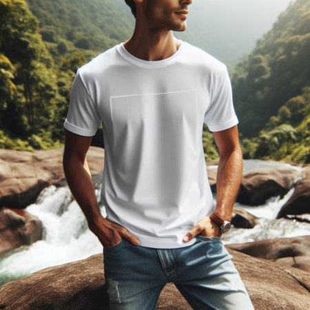 Man in white t-shirt standing on rock and looking at waterfall.の素材