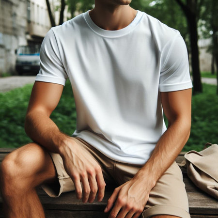 Young man in white t-shirt sitting on a bench in the parkの素材