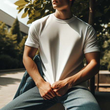 cropped view of young man in white t-shirt sitting on bench in parkの素材
