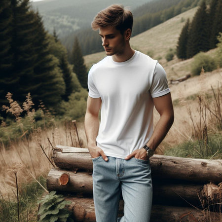 Handsome young man in white t-shirt and jeans standing on a log in the mountainsの素材