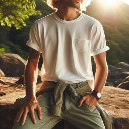Handsome young man in white t-shirt and khaki pants sits on rock and looks at the sun.の素材