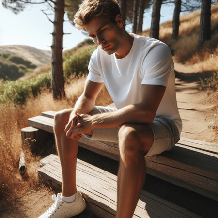 Handsome young man in white t-shirt, shorts and sneakers sitting on a wooden bench in a pine forest.の素材