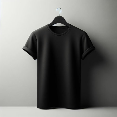 Black t-shirt on a hanger on a gray background. 3d renderingの素材