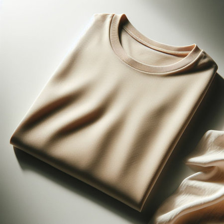 Fashionable beige t-shirt on a gray background.の素材