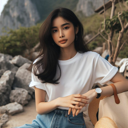 beautiful asian woman in white t-shirt sitting on the rockの素材