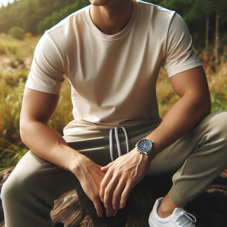 Handsome young man in sportswear is sitting on a stump in the forest.の素材