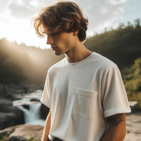 Portrait of a handsome young man in a white T-shirt on the background of a waterfallの素材