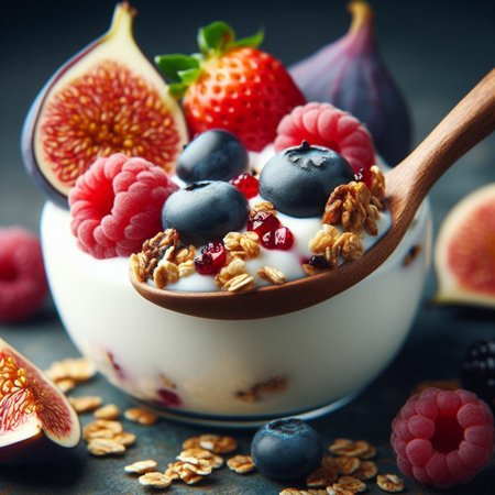 Yogurt with granola and fresh berries in a wooden spoonの素材
