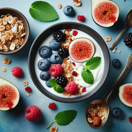 Healthy breakfast with yogurt, berries and granola on blue backgroundの素材