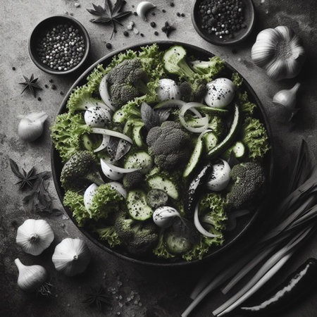 Healthy green salad with broccoli, cucumber, onion and spices in bowl over dark slate, stone or concrete background.Top view with copy space.の素材