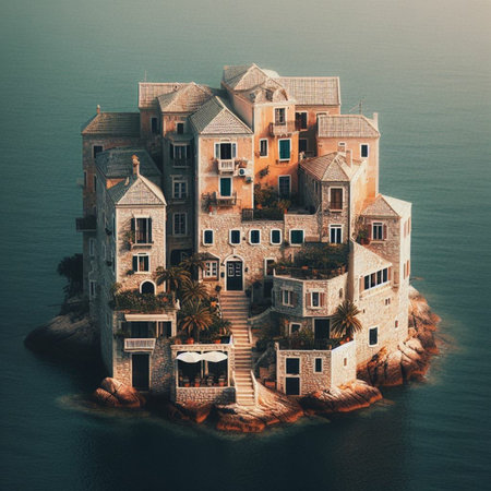 Aerial view of an old house on a small island in the seaの素材
