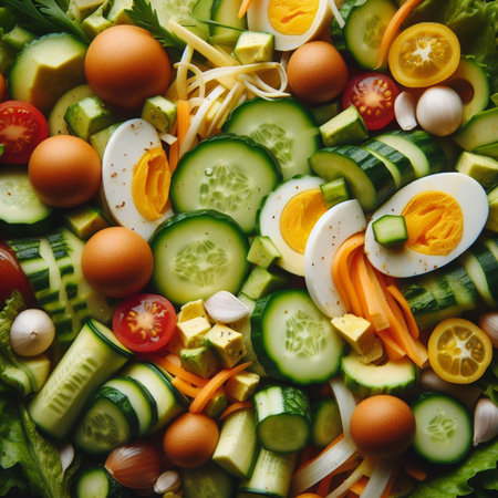 close up of salad with cucumbers, tomatoes, eggs and mayonnaiseの素材