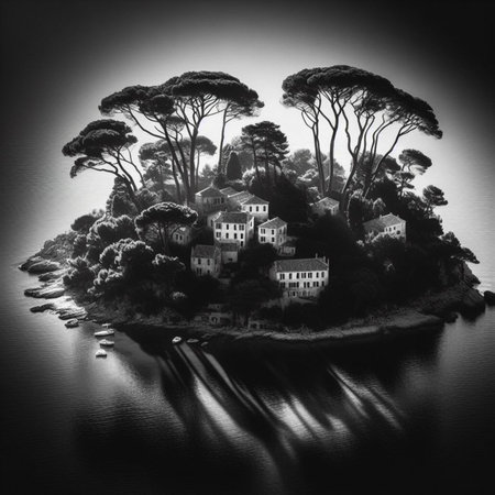 Small island in the middle of the sea, black and white imageの素材