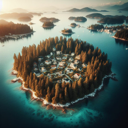 Aerial view of a small island in the middle of a lake surrounded by pine trees and mountainsの素材