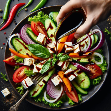 Vegetable salad with feta cheese, tomato, cucumber and red onionの素材