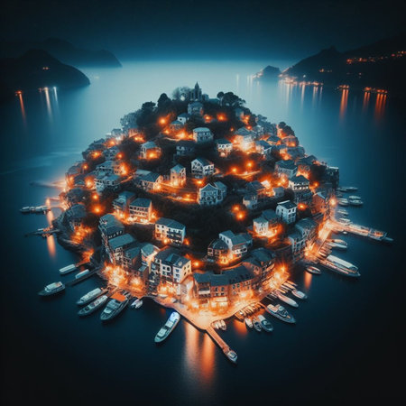 Aerial view of small island in the sea at night. 3d renderingの素材