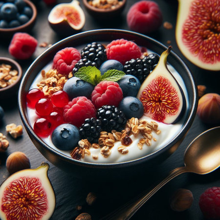 Yogurt with fresh berries and granola in a bowl. Healthy breakfast.の素材