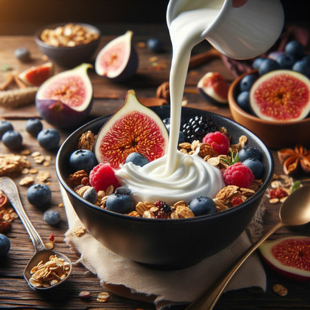 Granola with yogurt and fresh berries on wooden table, closeupの素材