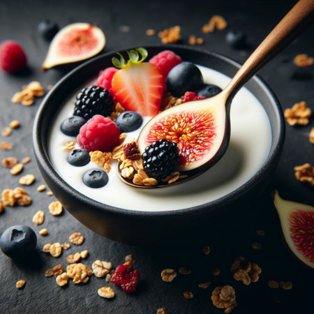 Yogurt with granola and fresh berries in bowl on dark backgroundの素材