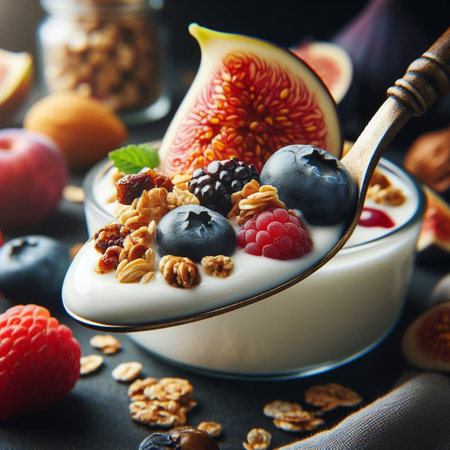Greek yogurt with fresh berries and nuts in a bowl, selective focusの素材