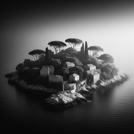 Lonely island in the middle of the sea. Black and whiteの素材