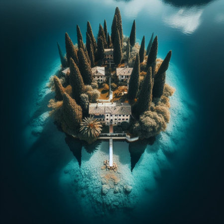 Aerial view of a small island in the middle of the seaの素材