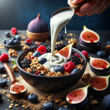 Granola with fresh berries and yogurt in bowl on dark backgroundの素材