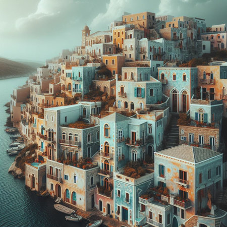 Santorini island in Greece. Colorful buildings on the cliff.の素材