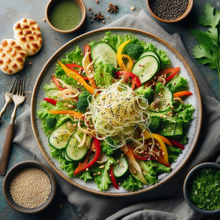 Vegetable salad with sesame seeds on plate over stone background. Top view, flat layの素材