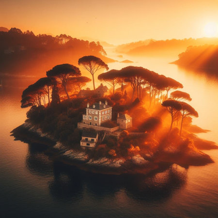 Aerial view of a small island in the middle of the lake with a beautiful sunsetの素材
