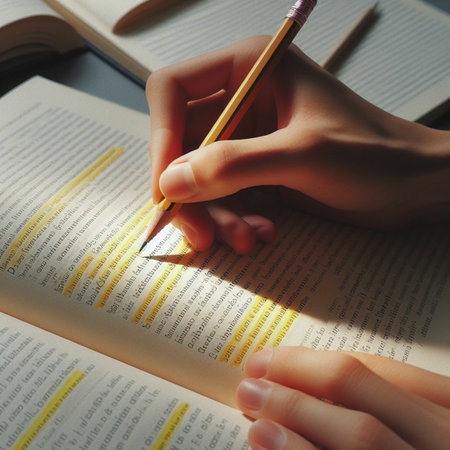 Close-up image of female hands writing on a book with pencilの素材