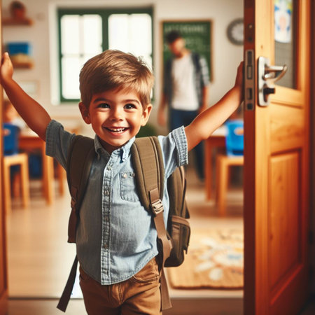 Back to school. Cheerful little boy standing in front of the school door and raising his handsの素材