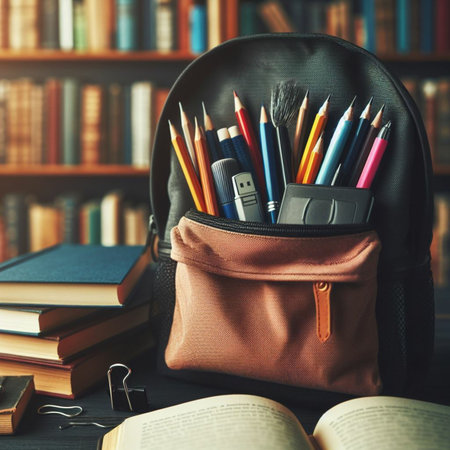Back to school concept. Backpack with school supplies on bookshelf backgroundの素材
