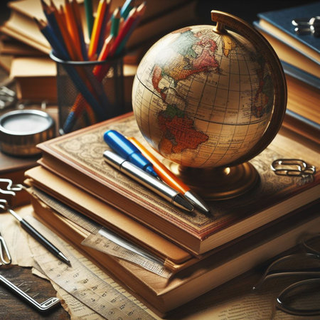 Globe, books, pencils and stationery on wooden tableの素材